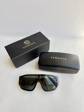 Versace Shield Sunglasses Black Oversized Sport Luxe w/ Case